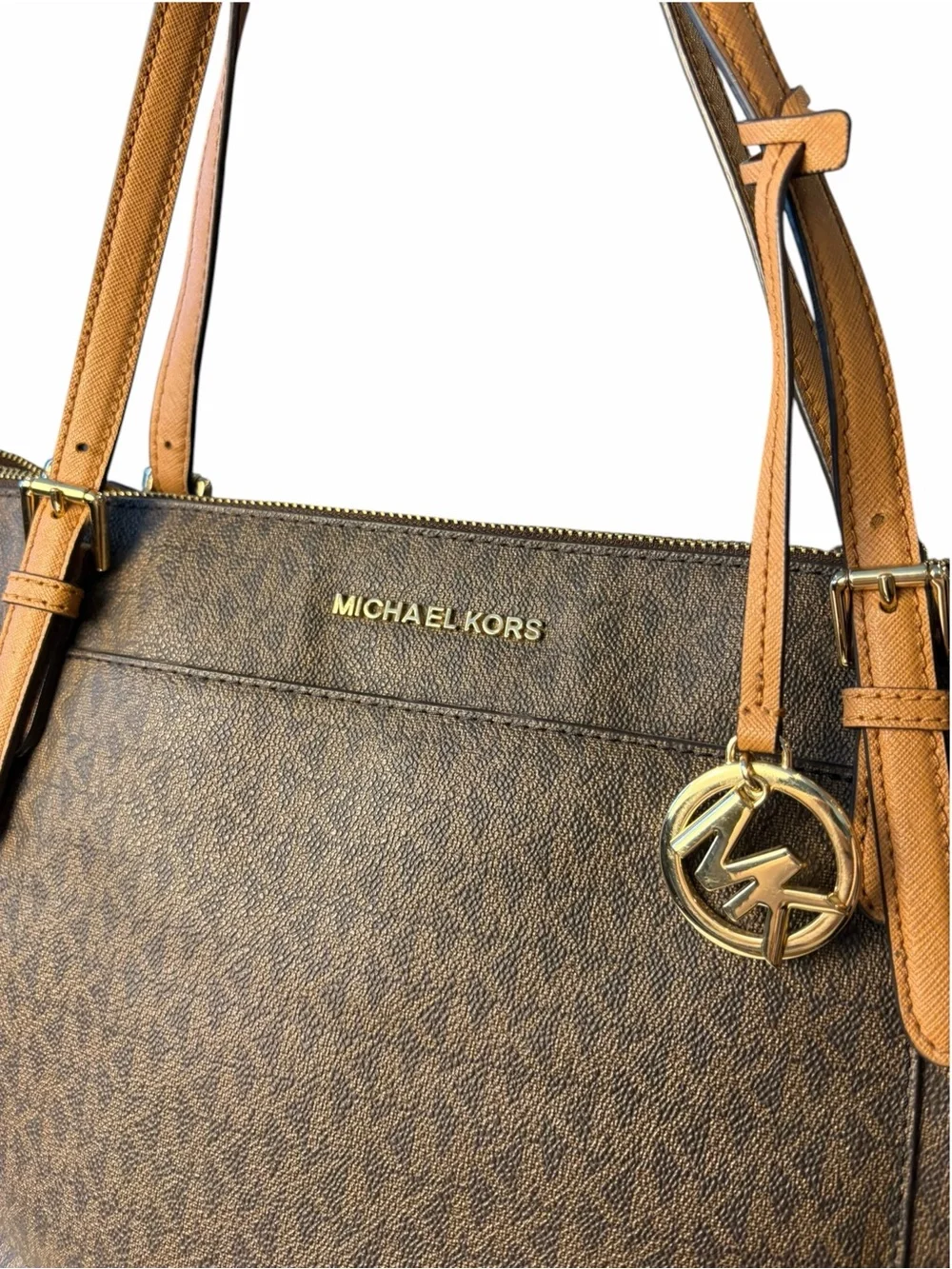 Michael Kors Jet Set Travel Large Top Zip Shoulder Tote Bag MK LOGO Brown Beige